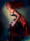 Gabe Leonard's artwork of a lady wearing saloon type clothing. The corset is black off the should and the skirt is red