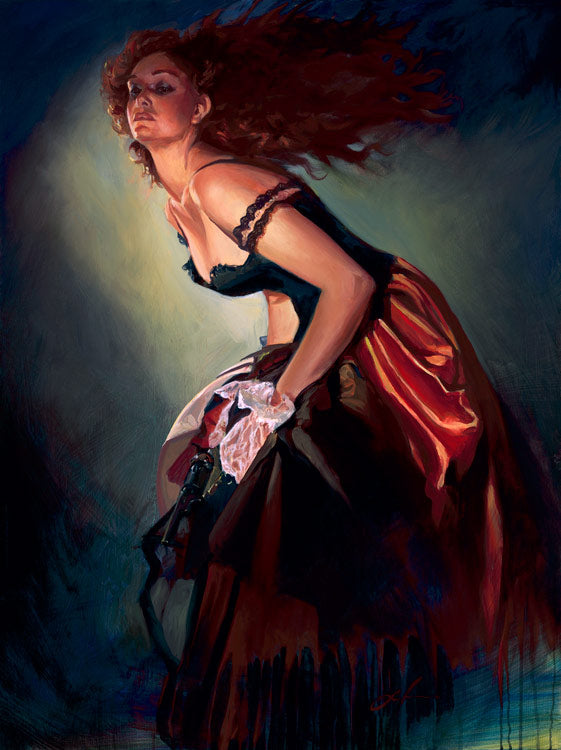 Gabe Leonard's artwork of a lady wearing saloon type clothing. The corset is black off the should and the skirt is red