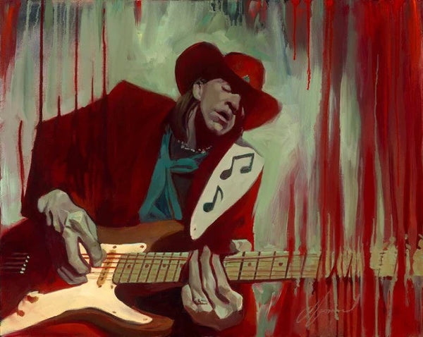 Gabe Leonard's artwork of Stevie Ray Vaughan playing the eclectic guitar.  The guitar strap is white with black music notes on it. Stevie Ray Vaughan has a western styled hat on.