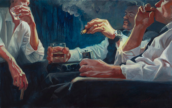 Gabe Leonard's artwork of three men smoking cigars and drinking cocktails. They are wearing white button ups and cigar smoke fills the background. 