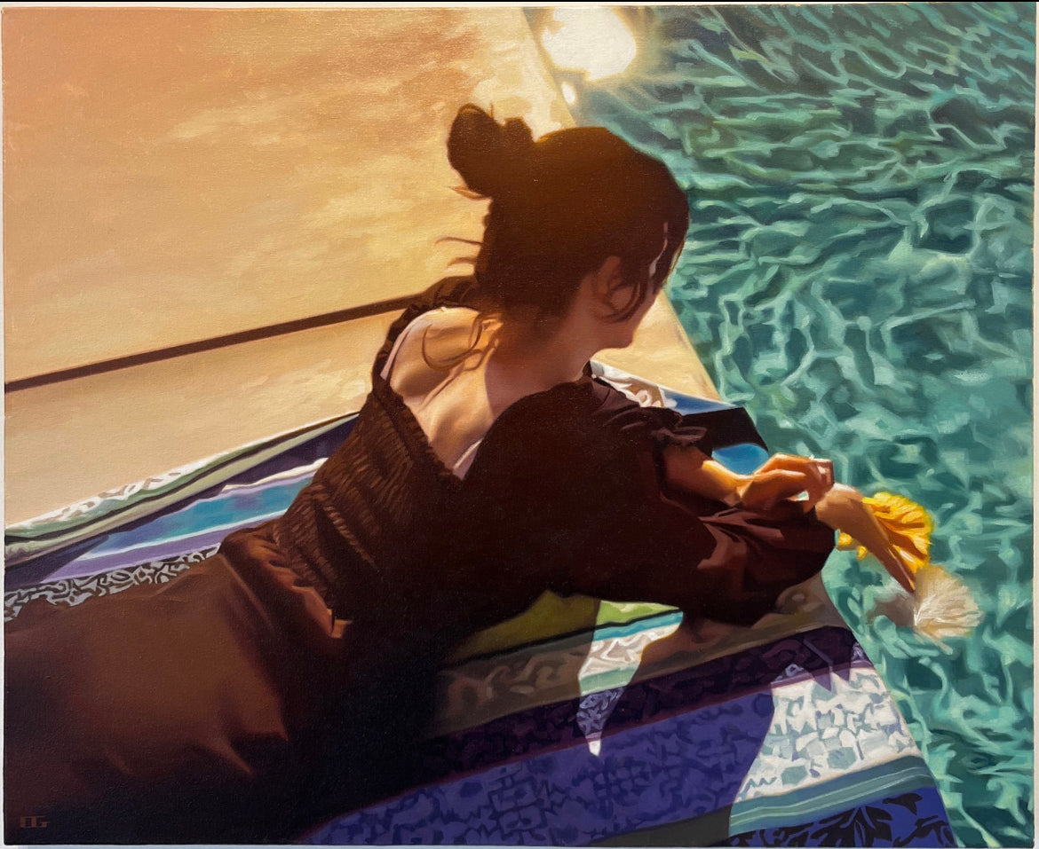 Carrie Graber's original painting of a lady in a black smocked dress touching a flower in the pool.