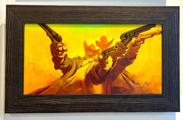 Gabe Leonard's artwork of two men holding two guns each pointing them at the audience. The background is bright yellow and smoky like. This is also custom framed in old styled barn wood.
