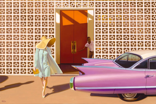 Carrie Graber's artwork of a lady in mint dress and matching coat with a floppy hat. She is walking out of a building featuring a 1960s architectural cool breeze blocks. She is behind a pink 1960s Cadillac