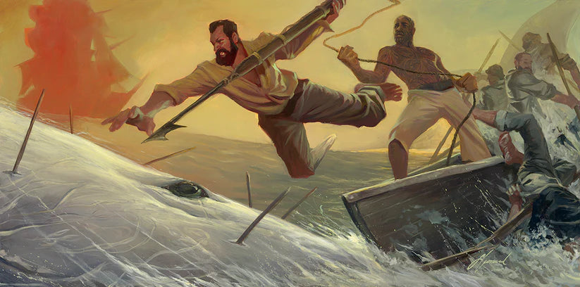 Gabe Leonard's Art work of a man leaping onto a white whale with a harpoon. from a boat onto