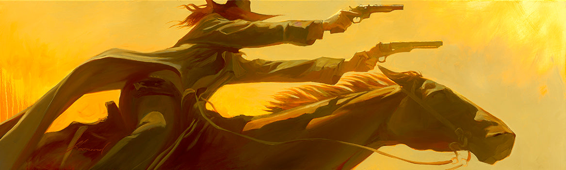 Gabe Leonard's artwork of a lady on horse back riding to the right of the art, holding two guns stretched outward in the direction the horse is riding.