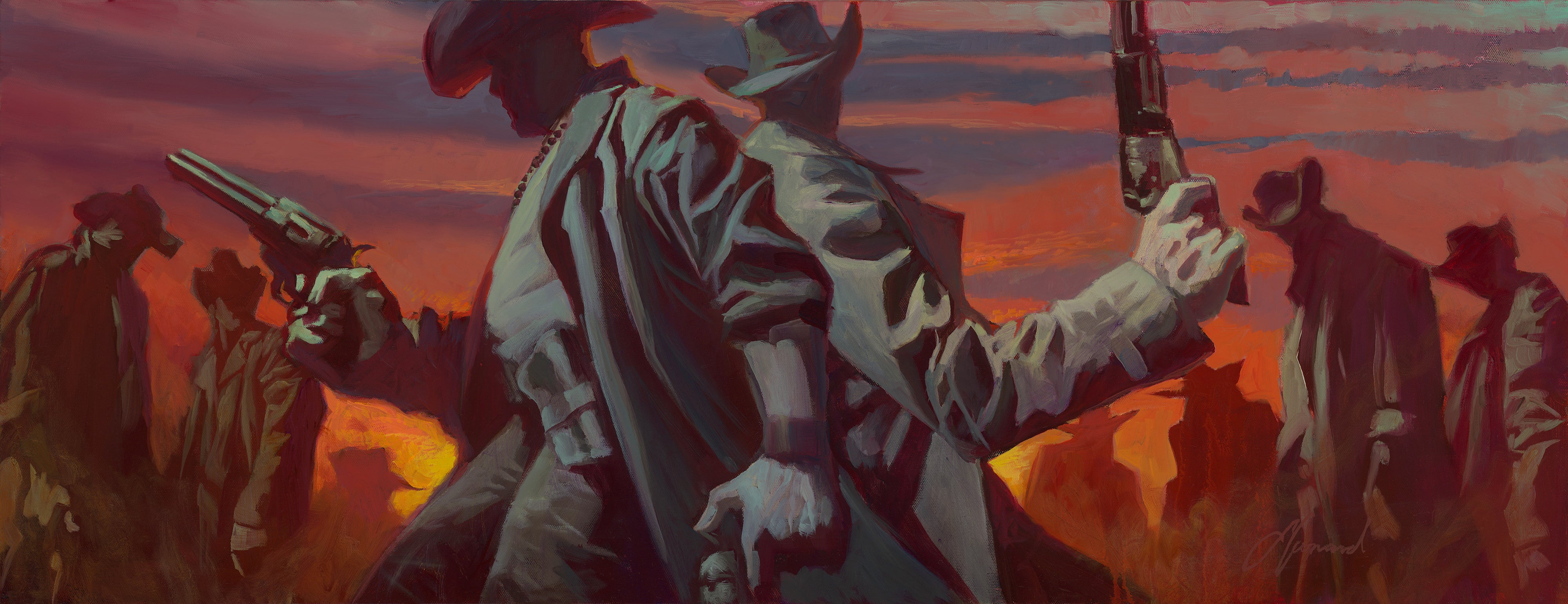Gabe Leonard's artwork of western men about to shoot out.