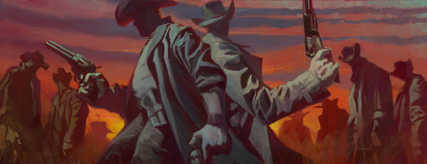 Gabe Leonard's artwork of western men about to shoot out.