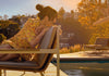 Carrie Graber's artwork of a women in fall colored dress sitting on a modern chair looking over her shoulder and into the pool.
