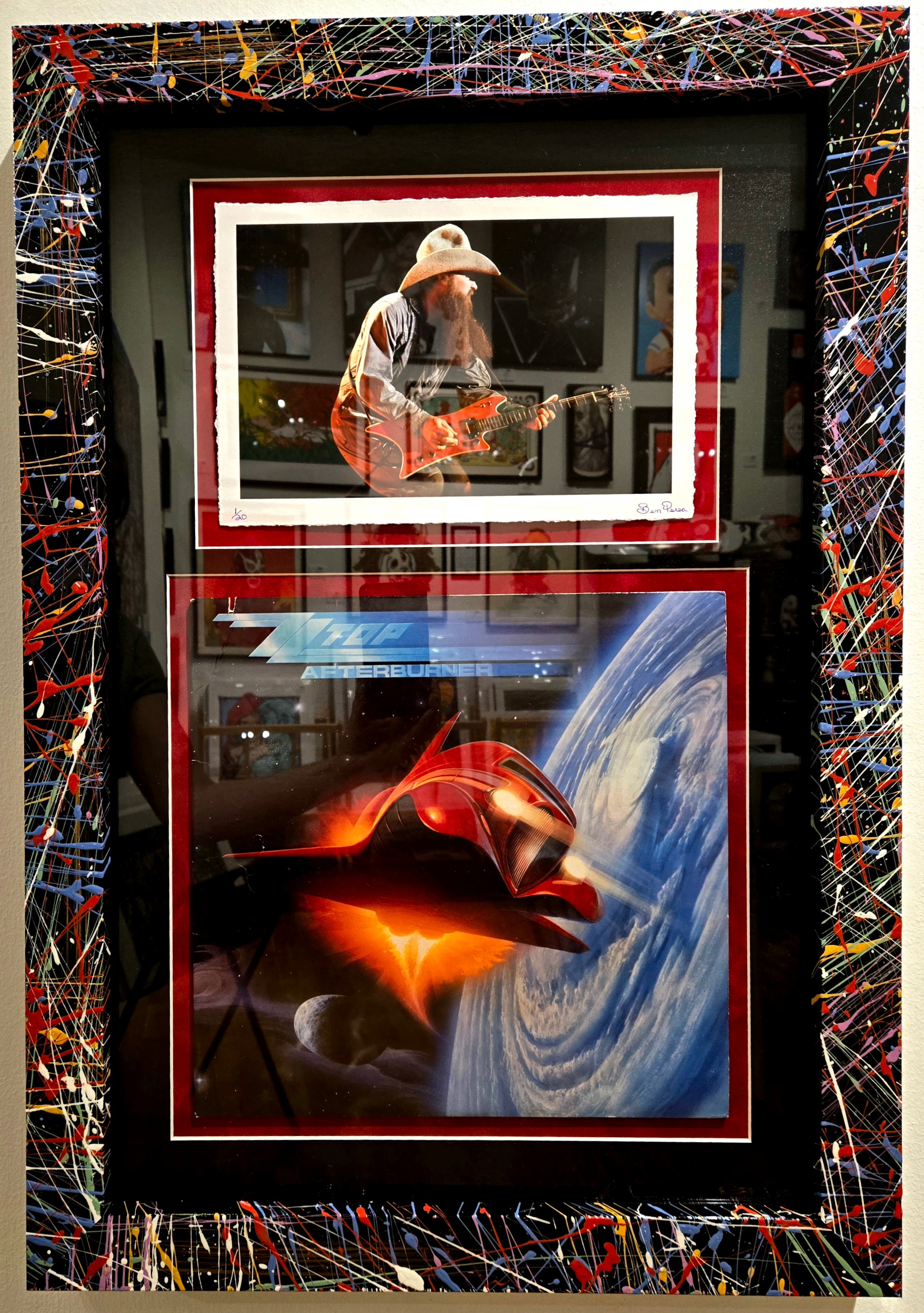 ZZ Top - Billy orange guitar squatting 1/20 with afterburner album - Framed