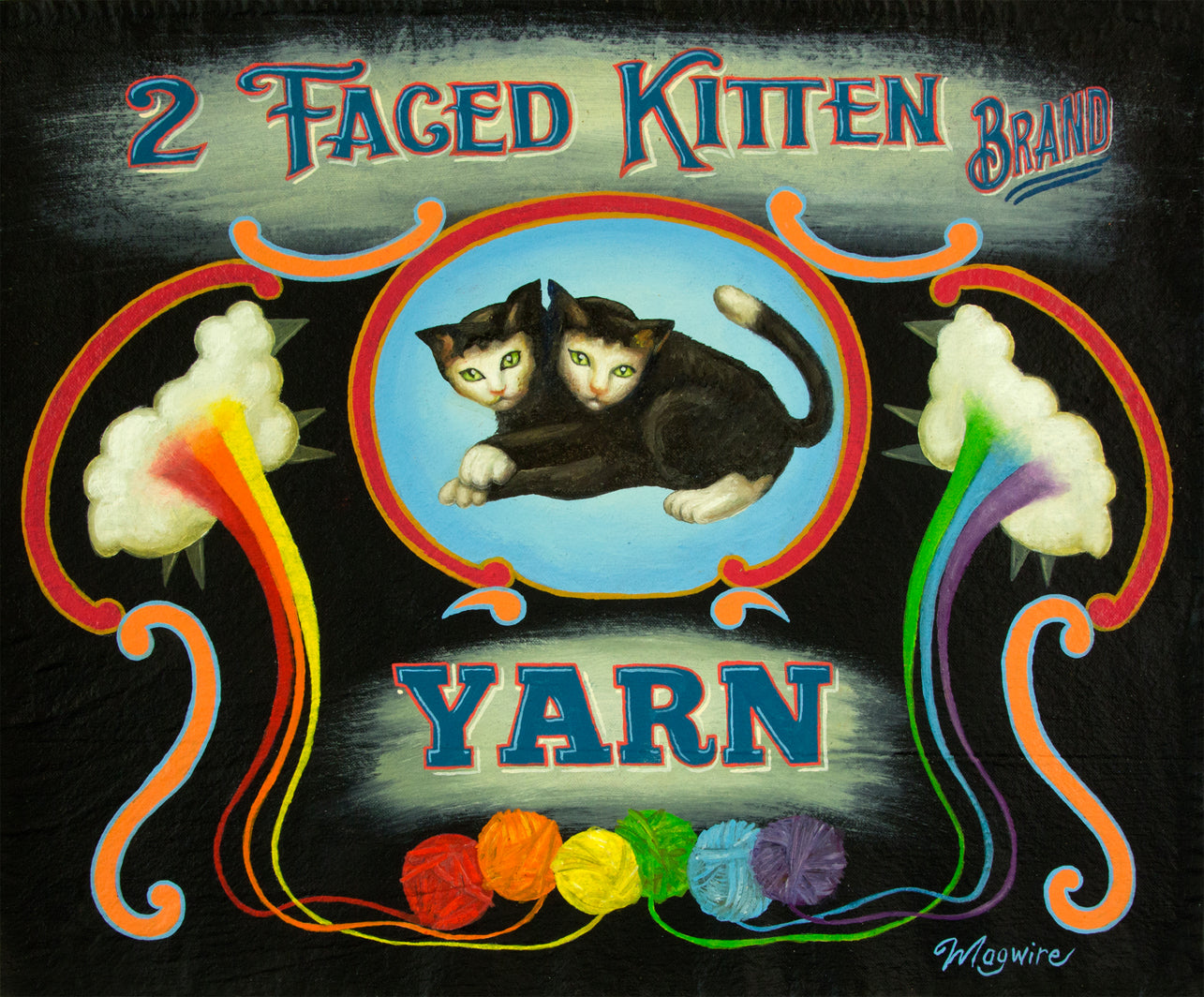 Two headed kitten in oval with rainbow yarn