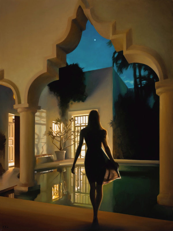 Carrie Graber's artwork of a ladies silhouette walking during the night by a pool.