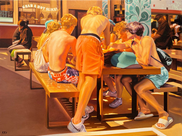Carrie Graber's original artwork of teenage boys in bathing suits at a picnic table grabbing food at the middle of the table