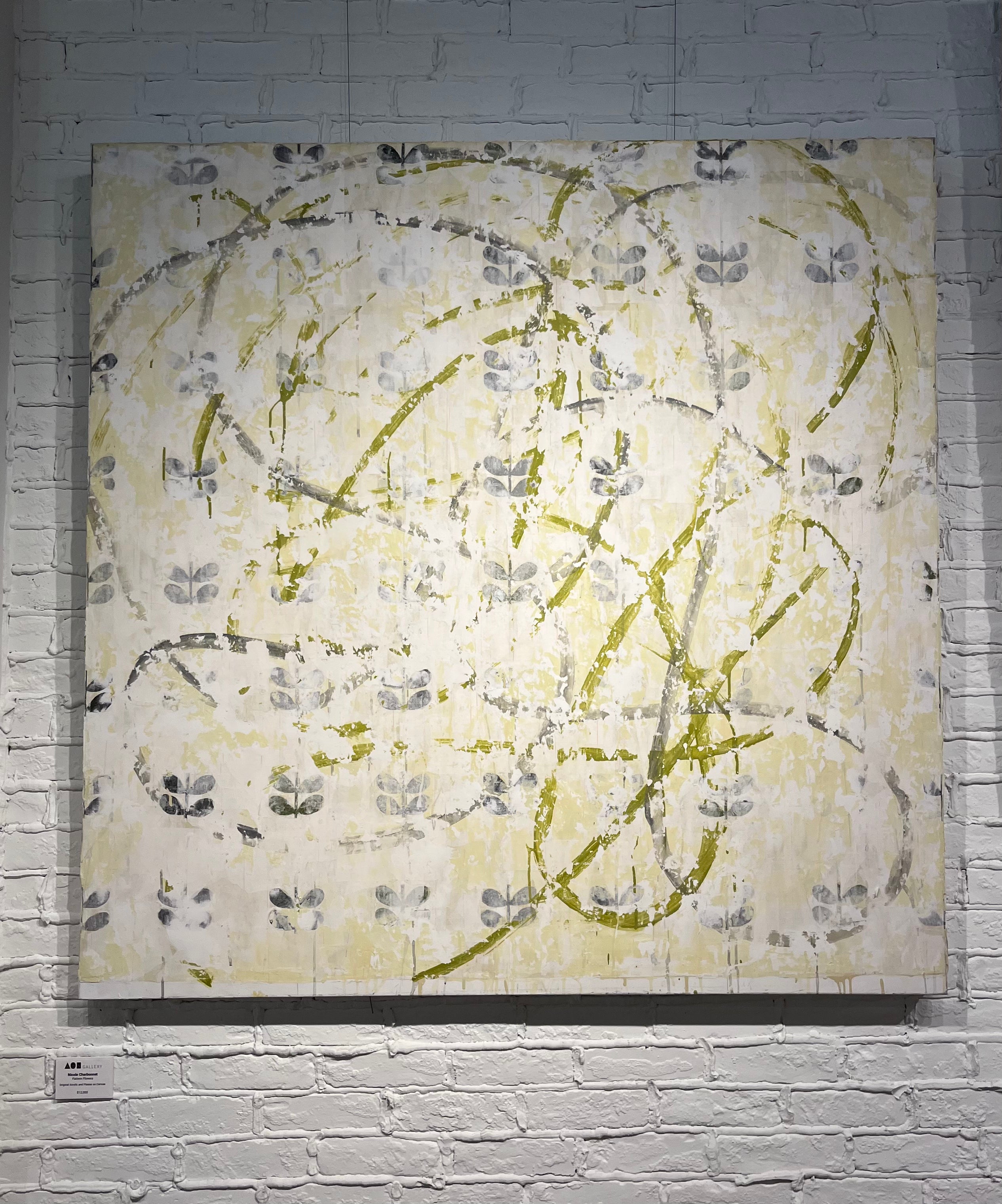 Nicole Charbonnet oversized original abstract artwork Green loopy paint over flowers.