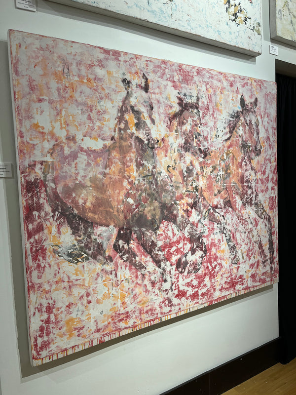 Nicole Charbonnet oversized original abstract artwork of three red horses.