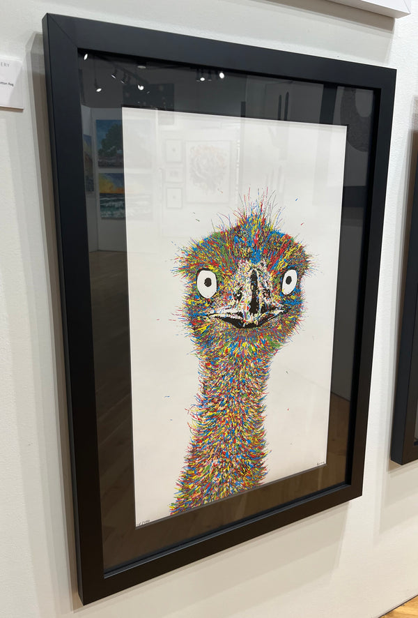 Graham Atwell (aka Atty) digital artwork of an ostrich custom framed by Ao5 Gallery. 