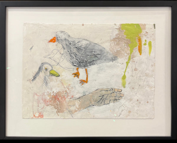 Nicole Charbonnet original artwork of a duck and seagull. 