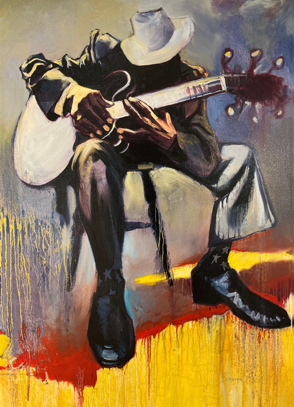 Gabe Leonard's painting of a man sitting on a stool leaning forward playing an acoustic guitar. He is wearing a white hat, has black socks on with white stars and black shoes.  The floor is yellow with a red smear across it with paint dripping. 