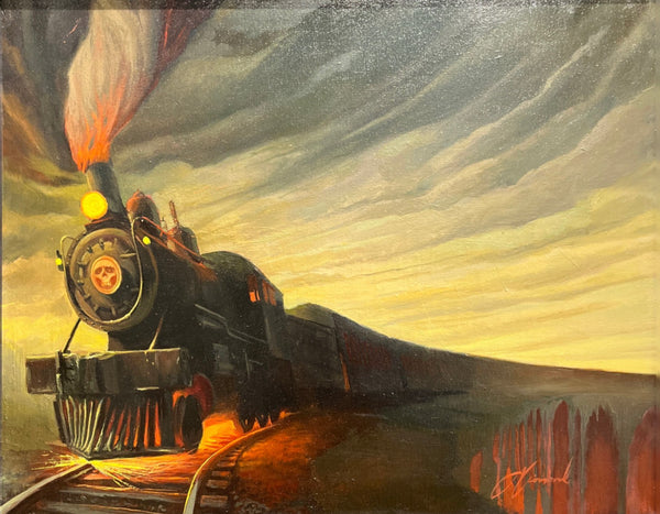 Gabe Leonard's painting of a train coming around the bend on a bridge with smoke coming out of the chimney. The front of the train looks to be derailed with red sparks. 