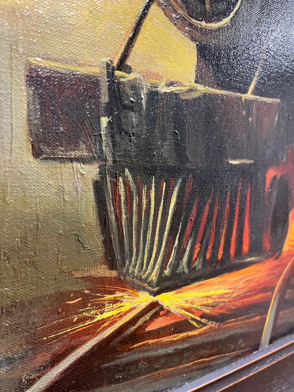 Gabe Leonard's painting of a train with sparks from derailing. 