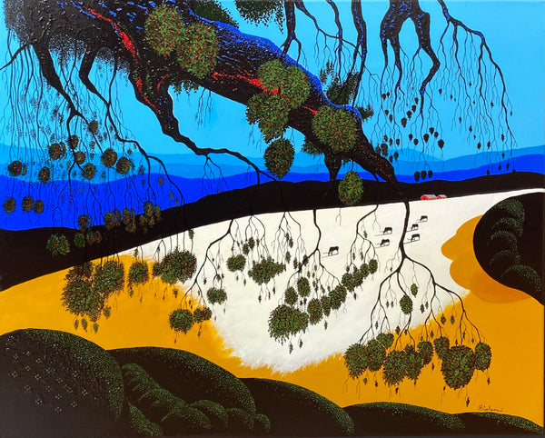 Bernie Coleman original art with white and yellow field, blue sky and tree limb of an oak tree. Six small longhorns grazing in the field.