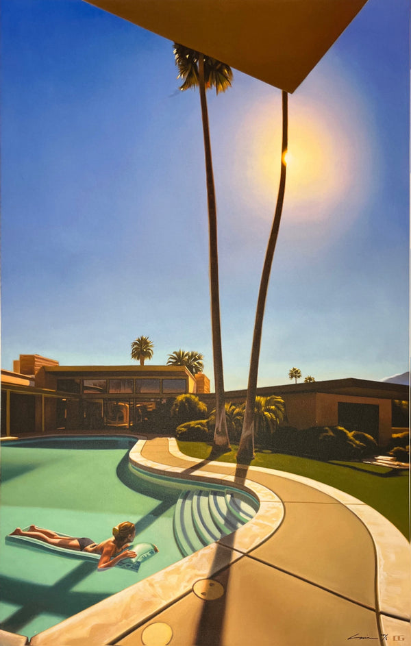 Carrie Graber's artwork of a lady floating in the pool at Frank Sinatra's house with palm trees in the background.