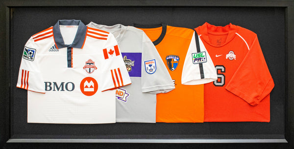 Jerseys framed in custom shadow box frame