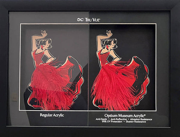 Regular acrylic versus Optium Museum Acrylic which offers UV protection, higher resistance, anti-static, and anti-reflection