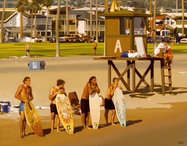 Carrie Graber's artwork of four men on the beach in front of a lifeguard stand holding skimboards or surfboards in front of them.