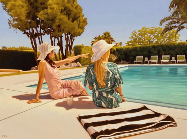 Carrie Graber's original painting of two ladies pool side, one in a pink jumpsuit and a hat, the other in a palm printed outfit. Black and White striped beach towel on the side of the pool.