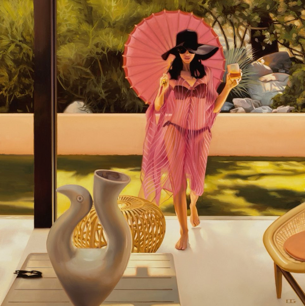 Carrie Graber's original artwork of a lady in a pink kimono holding a pink parasol holding a scotch walking into a modern home. 