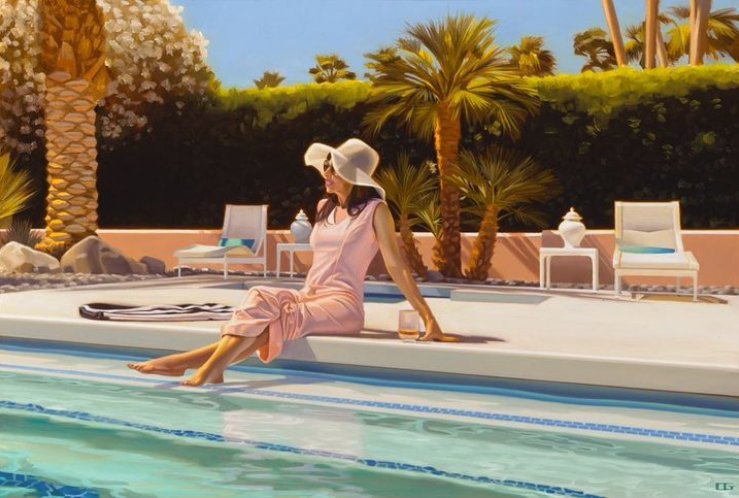 Carrie Graber's original artwork of a lady in pink by the pool. Palm Spring palm trees in the background. 