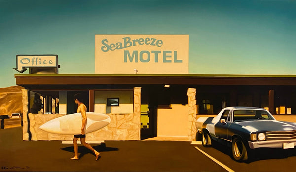 Carrie Graber's artwork of a man carrying a surfboard outside SeaBreeze Motel. A blue Ford Pinto is to the right of the artwork.