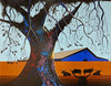 Bernie Coleman original art with blue barn, colorful oak tree and longhorns.