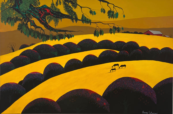 Bernie Coleman original art with yellow rolling fields with red barn in the far distance. Purple and red tree tops. 