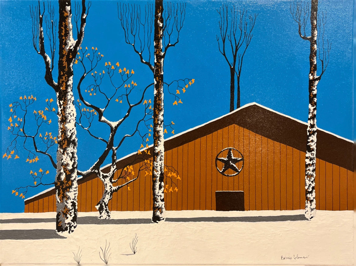 Bernie Coleman original art with brown barn in the white snow and elm trees covered with snow.