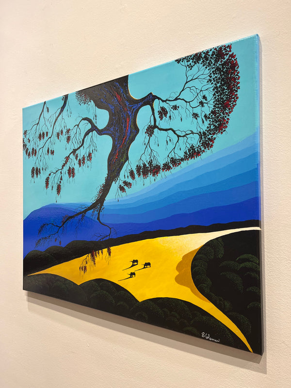 Bernie Coleman original art with yellow field, blue sky and tree limb of an oak tree. Three small longhorns grazing in the field.