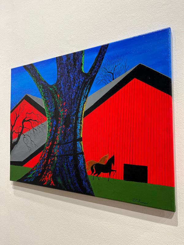 Bernie Coleman original art with big red barn in the background and two prancing horses in front of it. Large colorful oak in the front of the painting. 