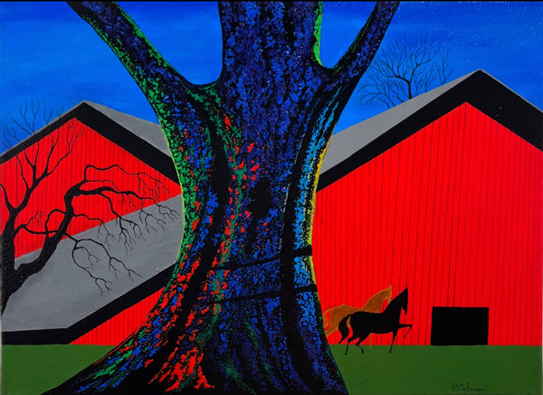 Bernie Coleman original art with big red barn in the background and two prancing horses in front of it. Large colorful oak in the front of the painting. 