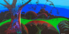 Bernie Coleman original art with green rolling hills in the front and five longhorns roaming. In the background are blue hills and colorful tree tops. On the left side of the painting is an oak tree with red, blue, purple. 
