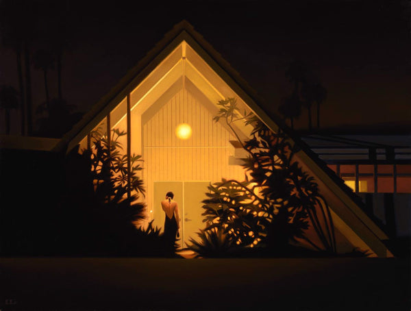Carrie Graber's artwork of a lady outside the door of an A-Frame house at night. The ladies dress is black and deep V back