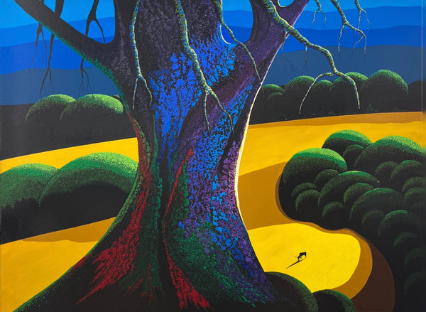Bernie Coleman original art with yellow field with a longhorn roaming. Colorful oak tree and green treetops.