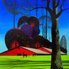 Bernie Coleman original art with green grass and shadows of trees. In the foreground is a tall mossy oak tree. In the background is a red bard with three horses in front of it.
