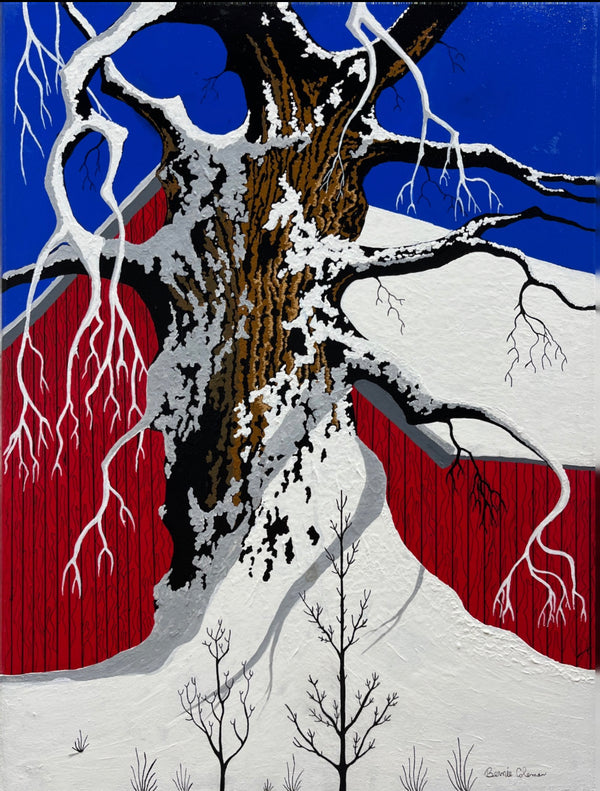 Bernie Coleman original art with snowy oak tree in the front of a snow covered red barn. Blue skies.
