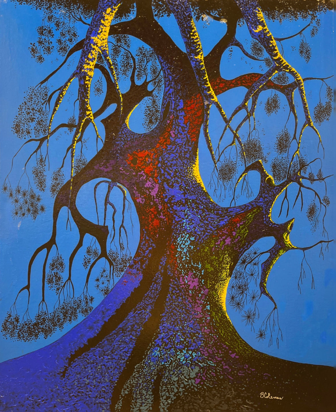 Bernie Coleman original art with red, blue and purple colorful old oak tree.