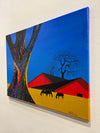 Bernie Coleman original art with yellow field and blue sky with a red barn and three horses eating in the background. In the foreground is a colorful oak tree