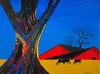 Bernie Coleman original art with yellow field and blue sky with a red barn and three horses eating in the background. In the foreground is a colorful oak tree