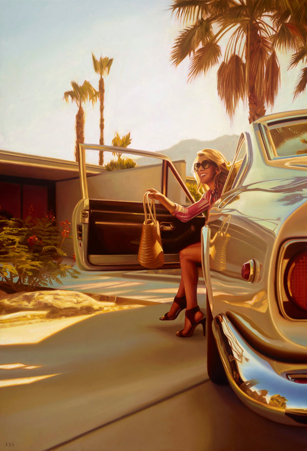 Carrie Graber's artwork of a girl getting out of a vintage car holding a straw bag with palm trees in the background.