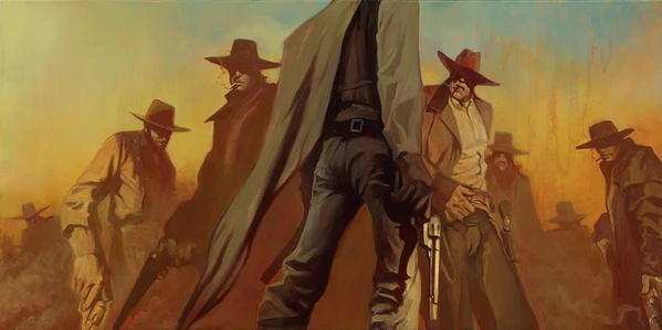 Gabe Leonard's artwork of men standing around holding guns in Western Era American Frontier