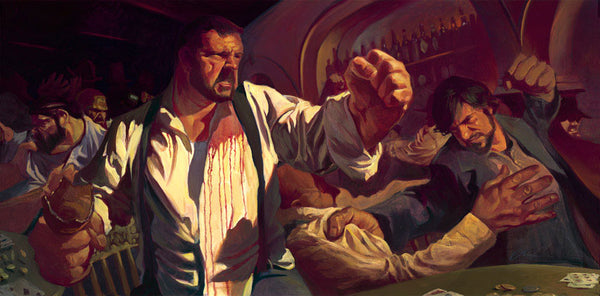 Gabe Leonard's artwork of a man with blood on his shirt punching the air with his left hand. In his right hand he is holding a broken beer bottle. In the foreground there are many other men fighting in the background. 