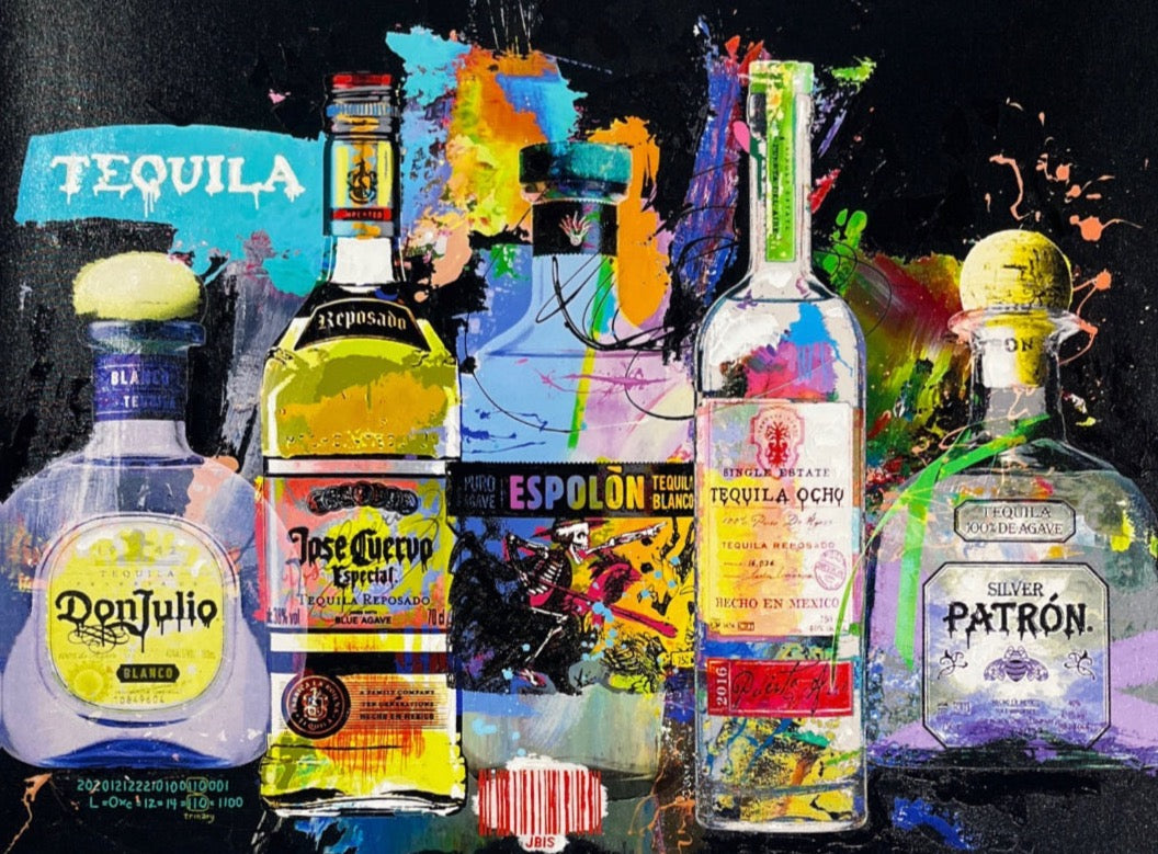 Bisaillon Brothers artwork of  Tequila featuring Patron, Tequila Ocho, Espolon, Jose Cuervo and Don Julio.